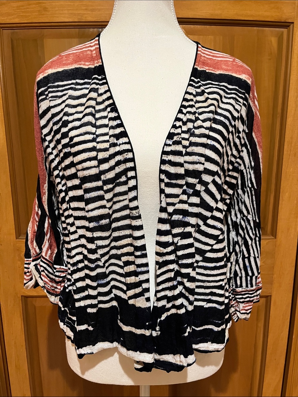 NIC+ZOE Striped Open-Front Cardigan in Black, White & Rust